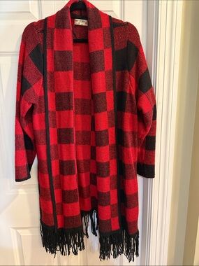 Ruff Hewn Red and Black Buffalo Plaid Fringe Cardigan